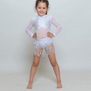 little girl wearing white dance leotard