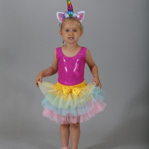 gilr in pastel rainbow skirt